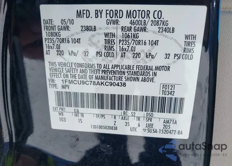 2010 Ford Escape Xls z USA, uszkodzony, nr VIN 1FMCU9C78AKC90438